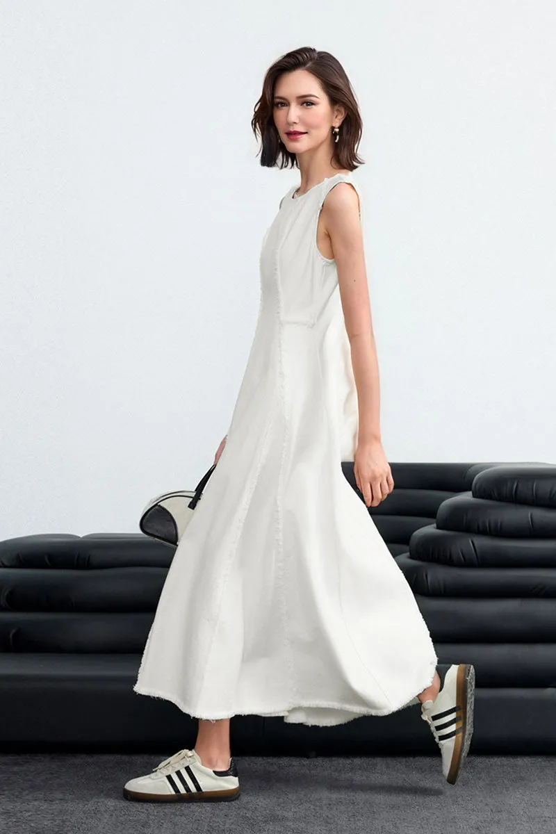 100 Cotton White Denim A-Line Sleeveless Midi Tank Dress with Raw Edge Seams