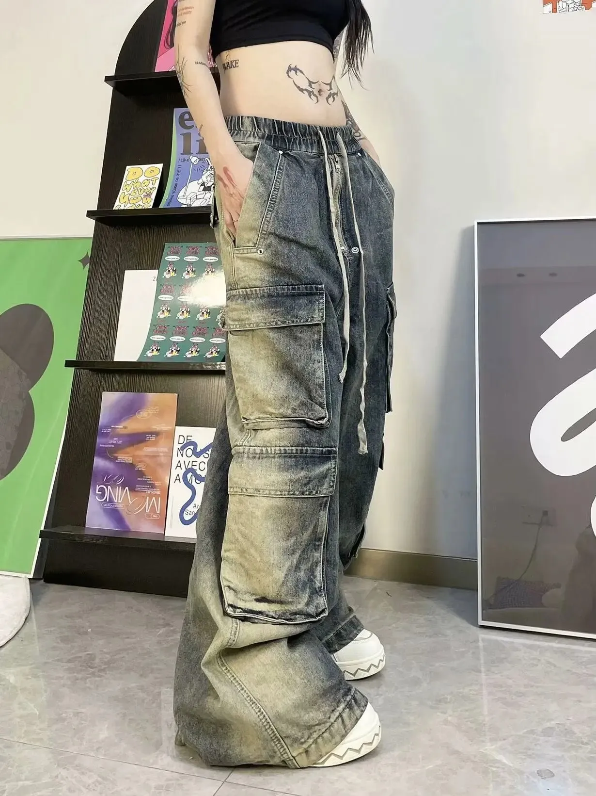 2024 New American hip-hop Vintage baggy jeans women's Harajuku high waist Y2K wide-leg pants Gothic wide pants Streetwear pants