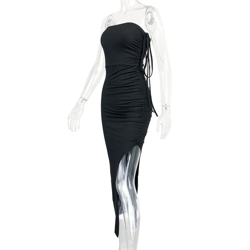2024 summer new pleated slit backless tube top sexy slim dress
