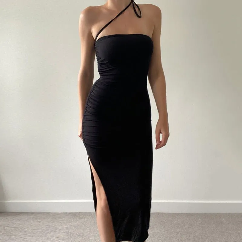 2024 summer new pleated slit backless tube top sexy slim dress