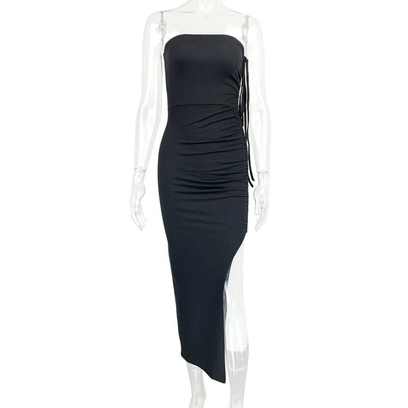 2024 summer new pleated slit backless tube top sexy slim dress