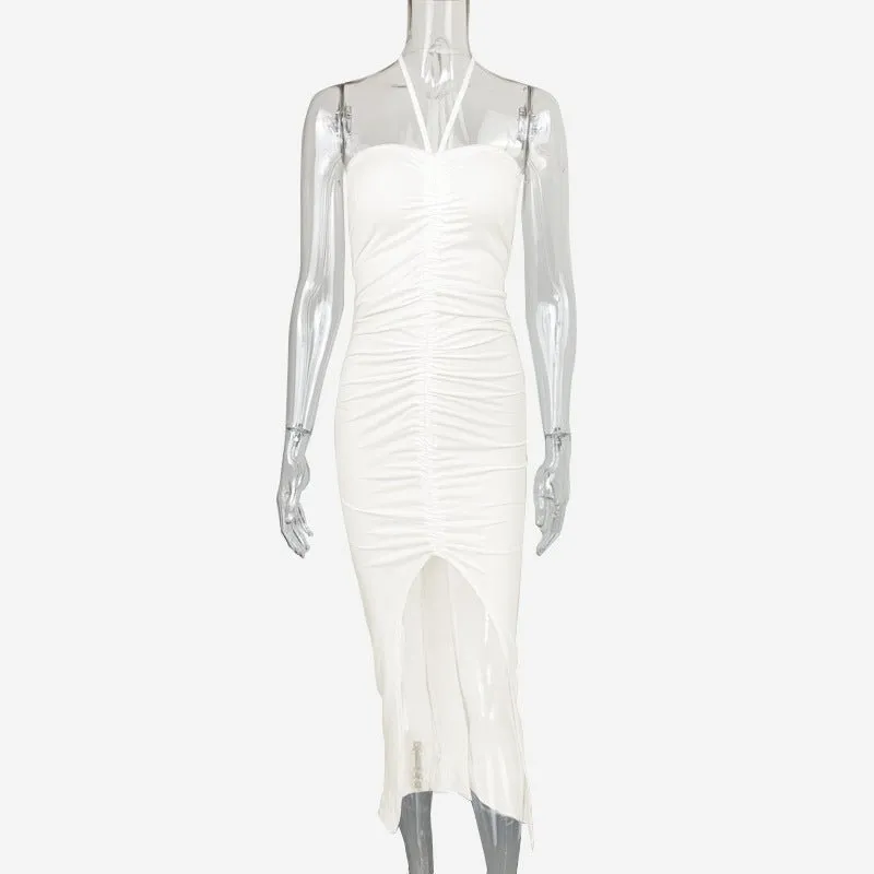 2024 summer new pleated slit backless tube top sexy slim dress