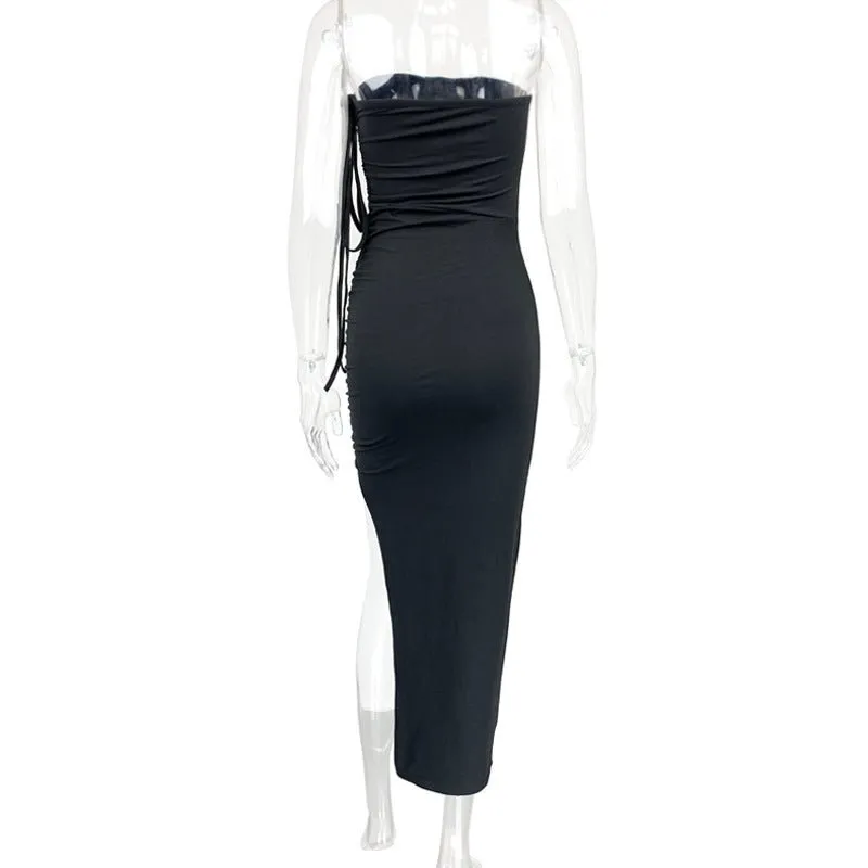 2024 summer new pleated slit backless tube top sexy slim dress