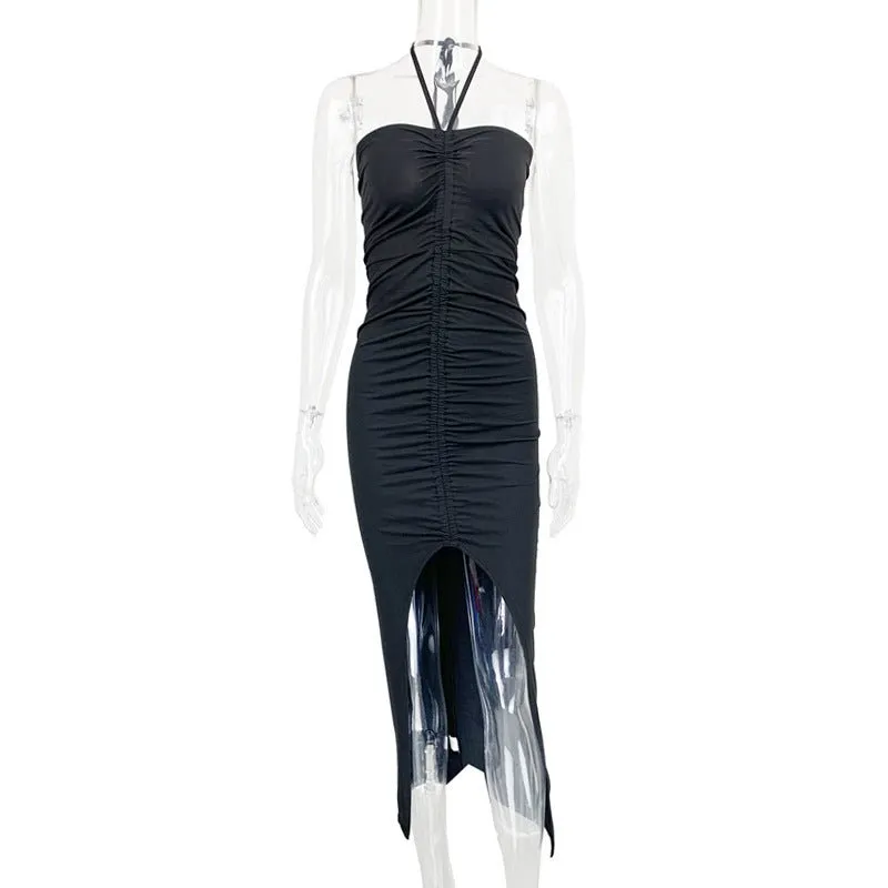2024 summer new pleated slit backless tube top sexy slim dress