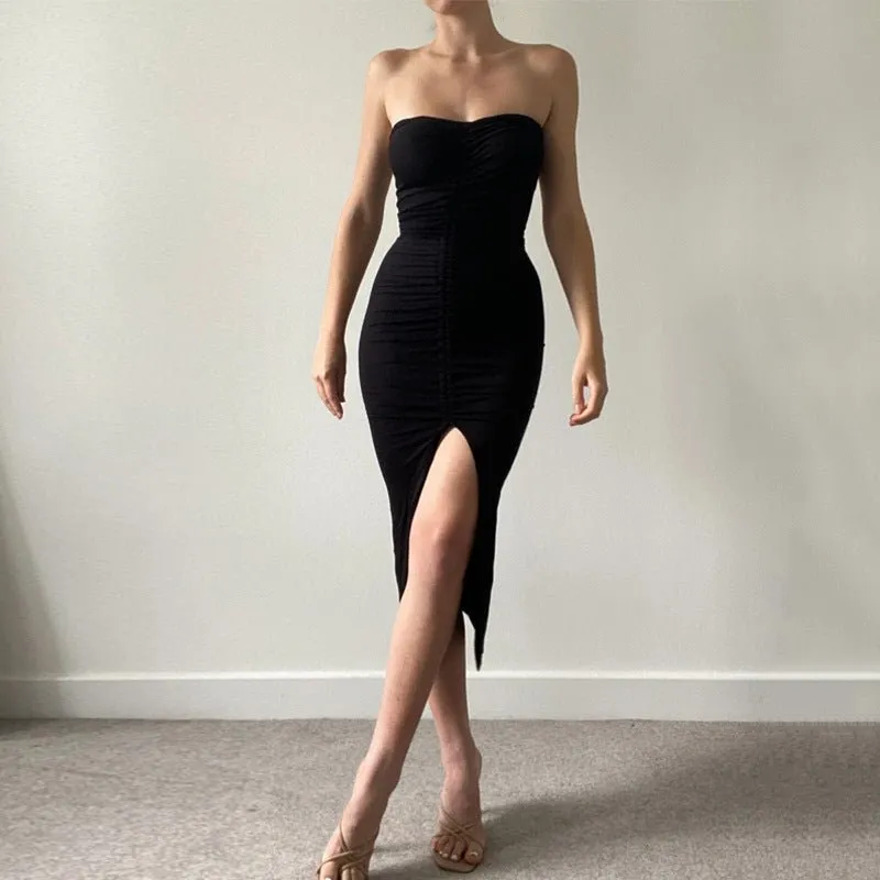 2024 summer new pleated slit backless tube top sexy slim dress