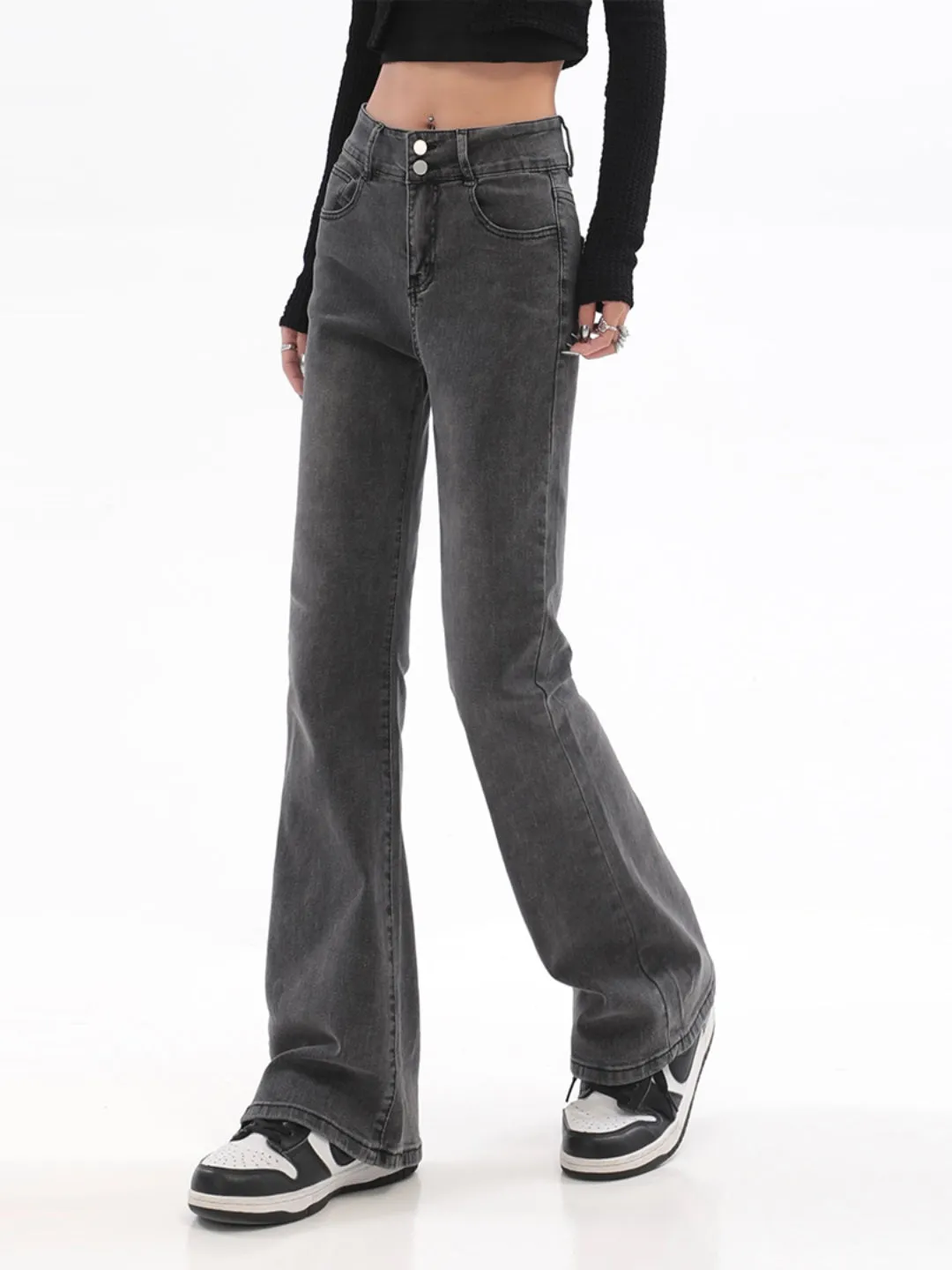 【23s July】Ash Grey High-Waisted Flared Jeans