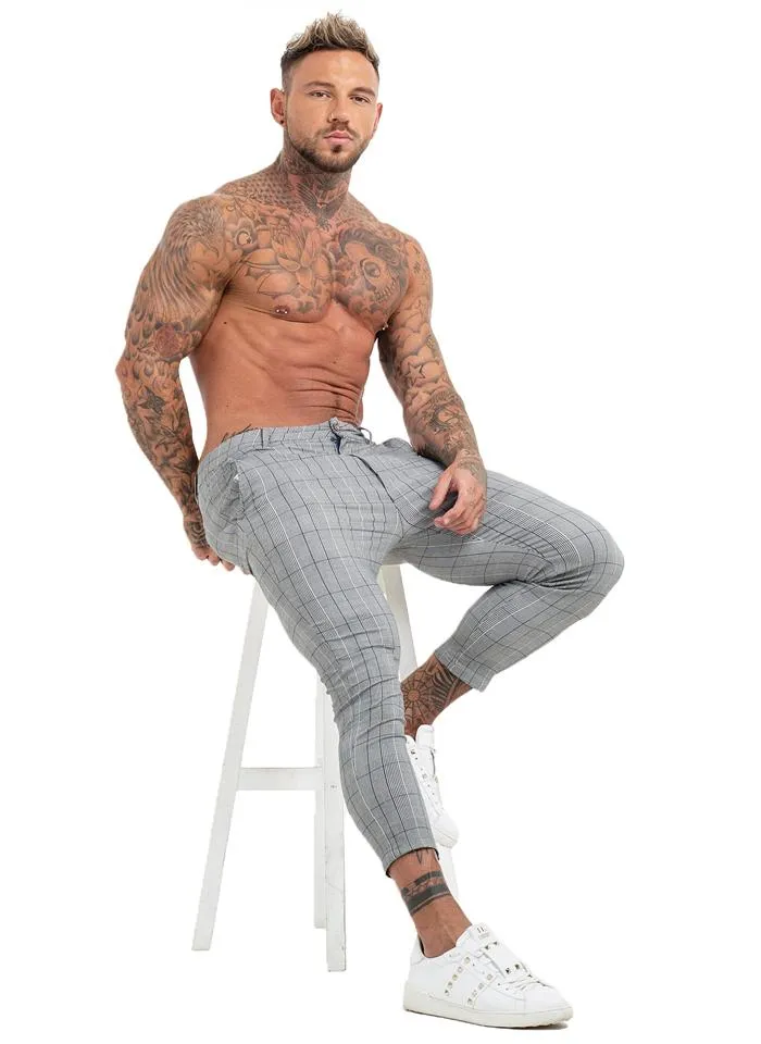 7356 Grey Plaid Pattern Skinny Chinos