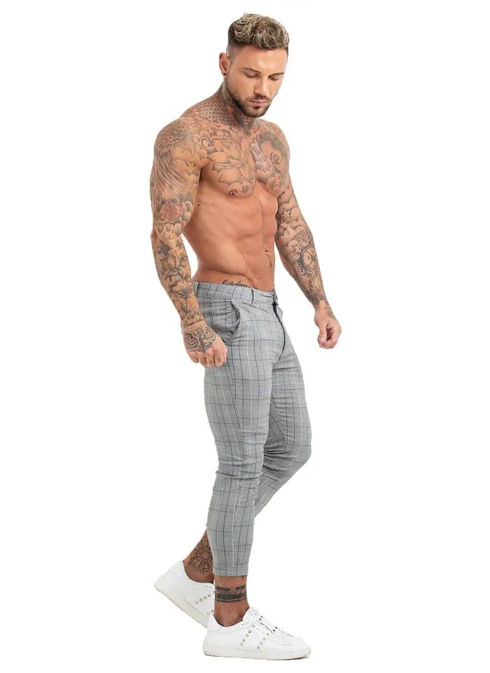 7356 Grey Plaid Pattern Skinny Chinos