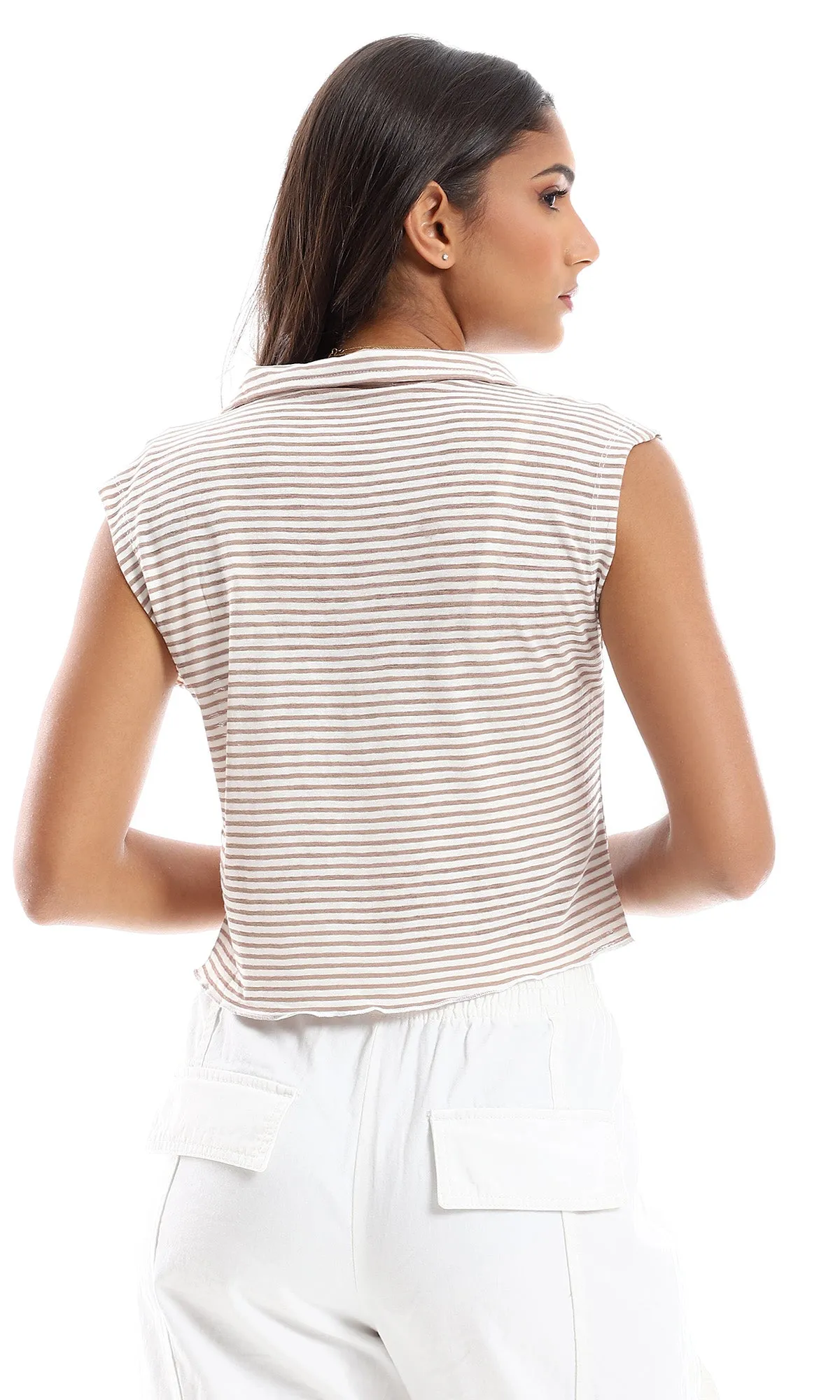 98850 Striped Turn Down Neck Sleeveless Top - Beige & Brown
