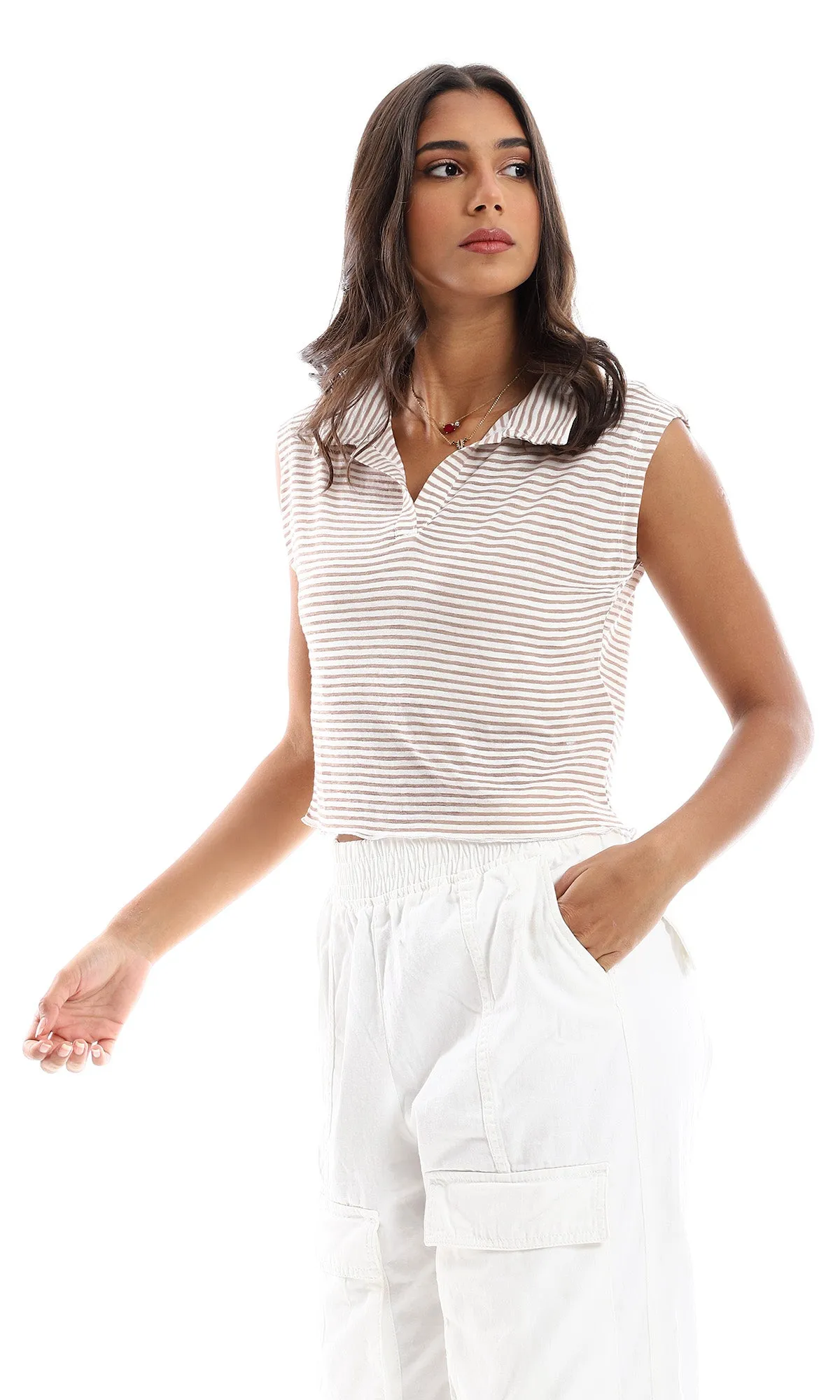 98850 Striped Turn Down Neck Sleeveless Top - Beige & Brown