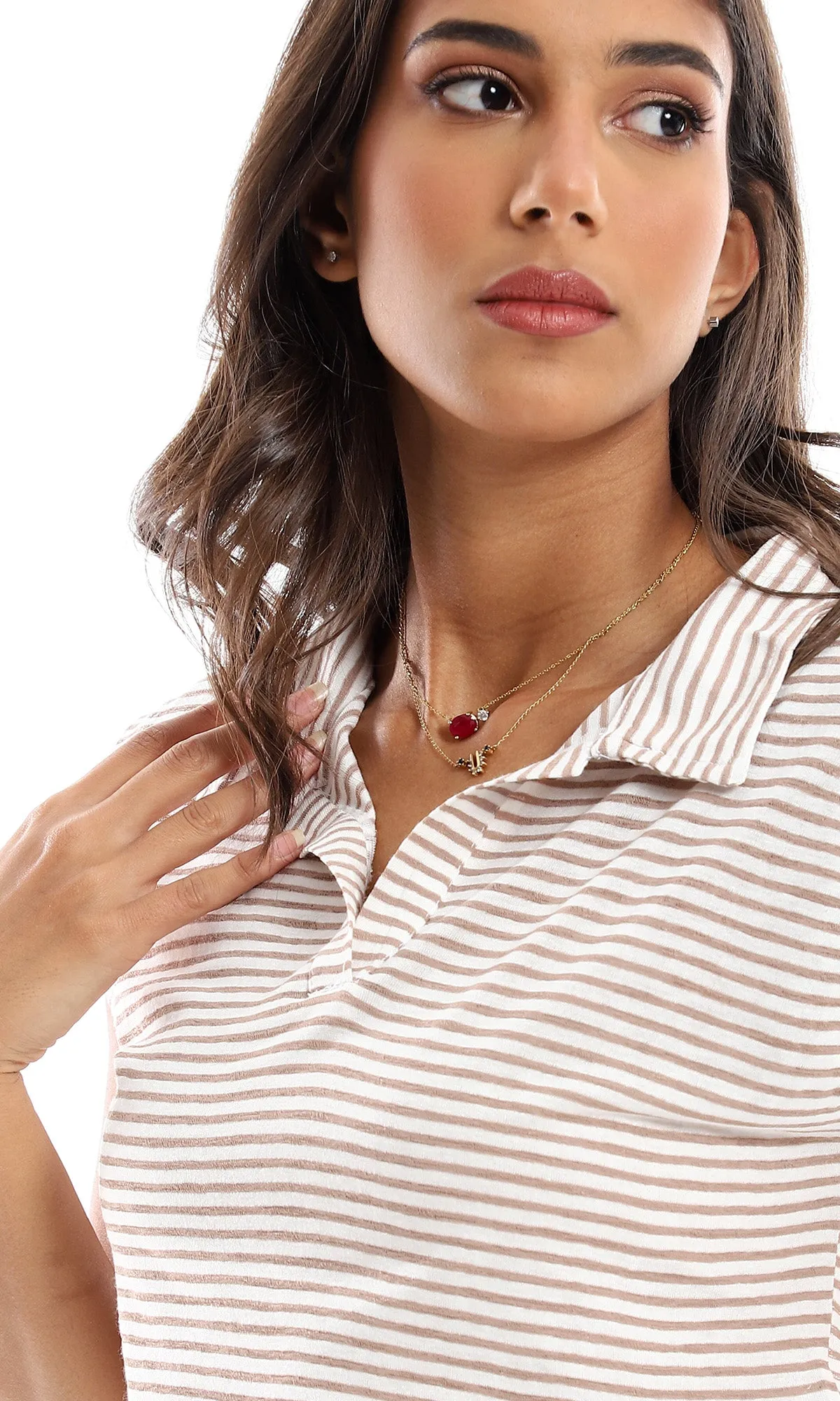 98850 Striped Turn Down Neck Sleeveless Top - Beige & Brown