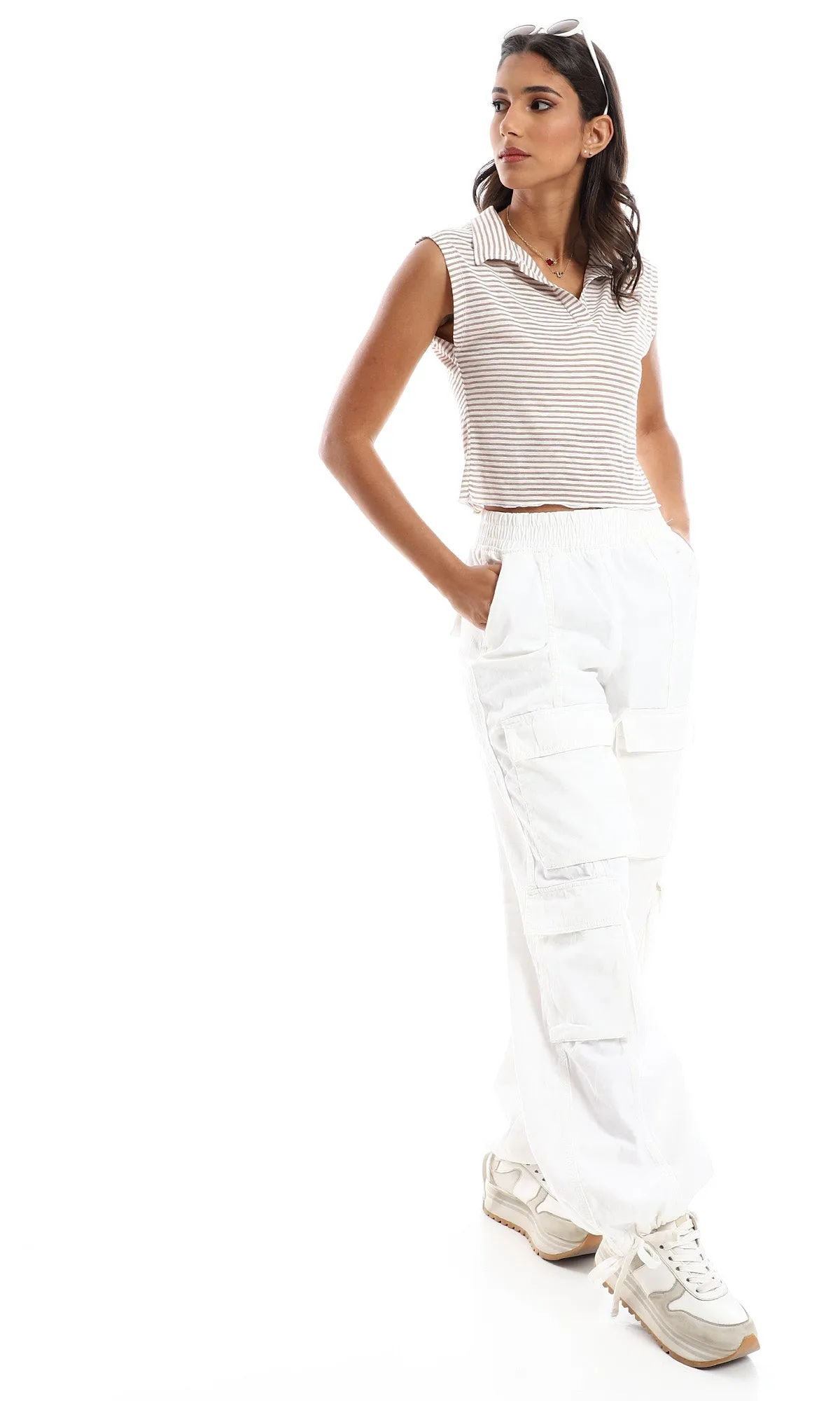 98850 Striped Turn Down Neck Sleeveless Top - Beige & Brown