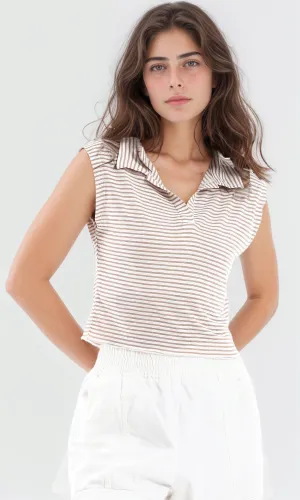 98850 Striped Turn Down Neck Sleeveless Top - Beige & Brown