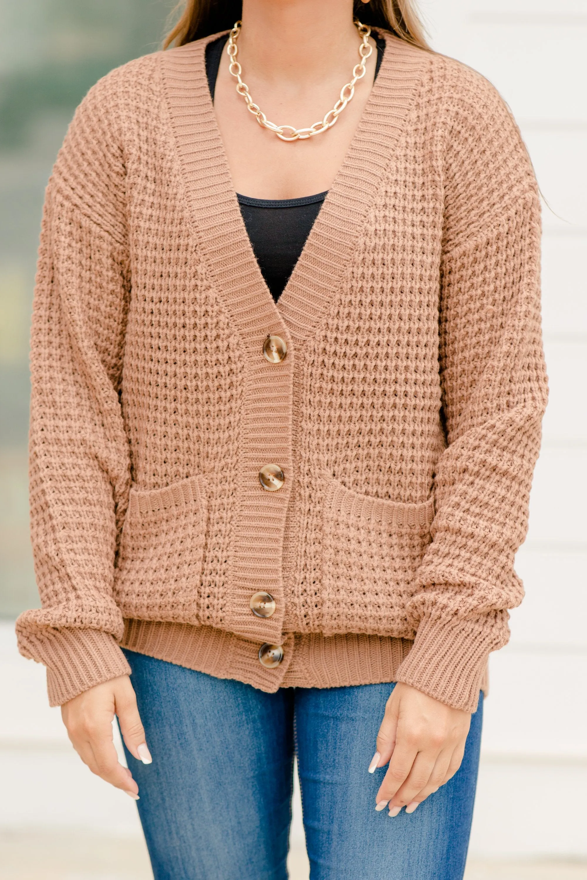 Always Here For You Deep Camel Brown Waffle Cardigan