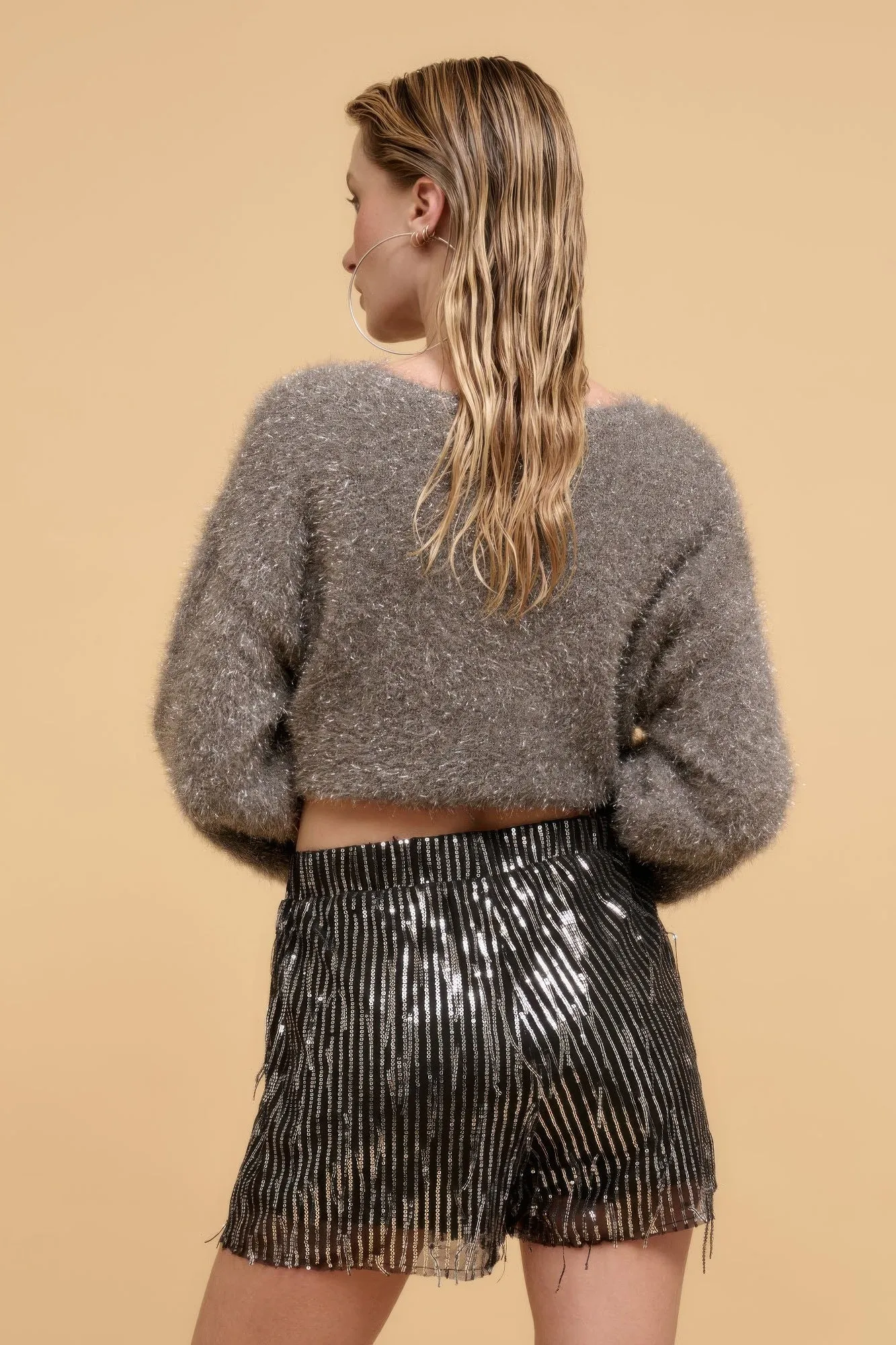 Black Striped Sequins High Waist Shorts