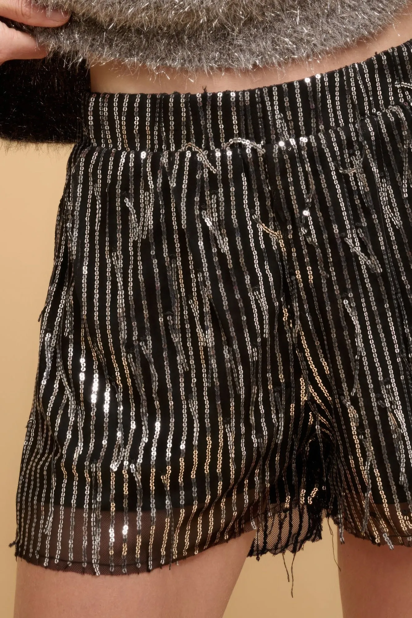 Black Striped Sequins High Waist Shorts