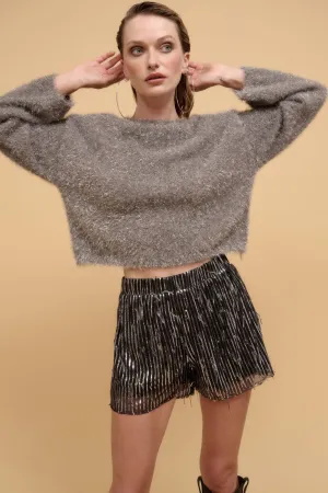 Black Striped Sequins High Waist Shorts