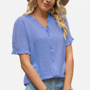 Blue Chiffon Button Up Blouse Short Sleeve Ruffle