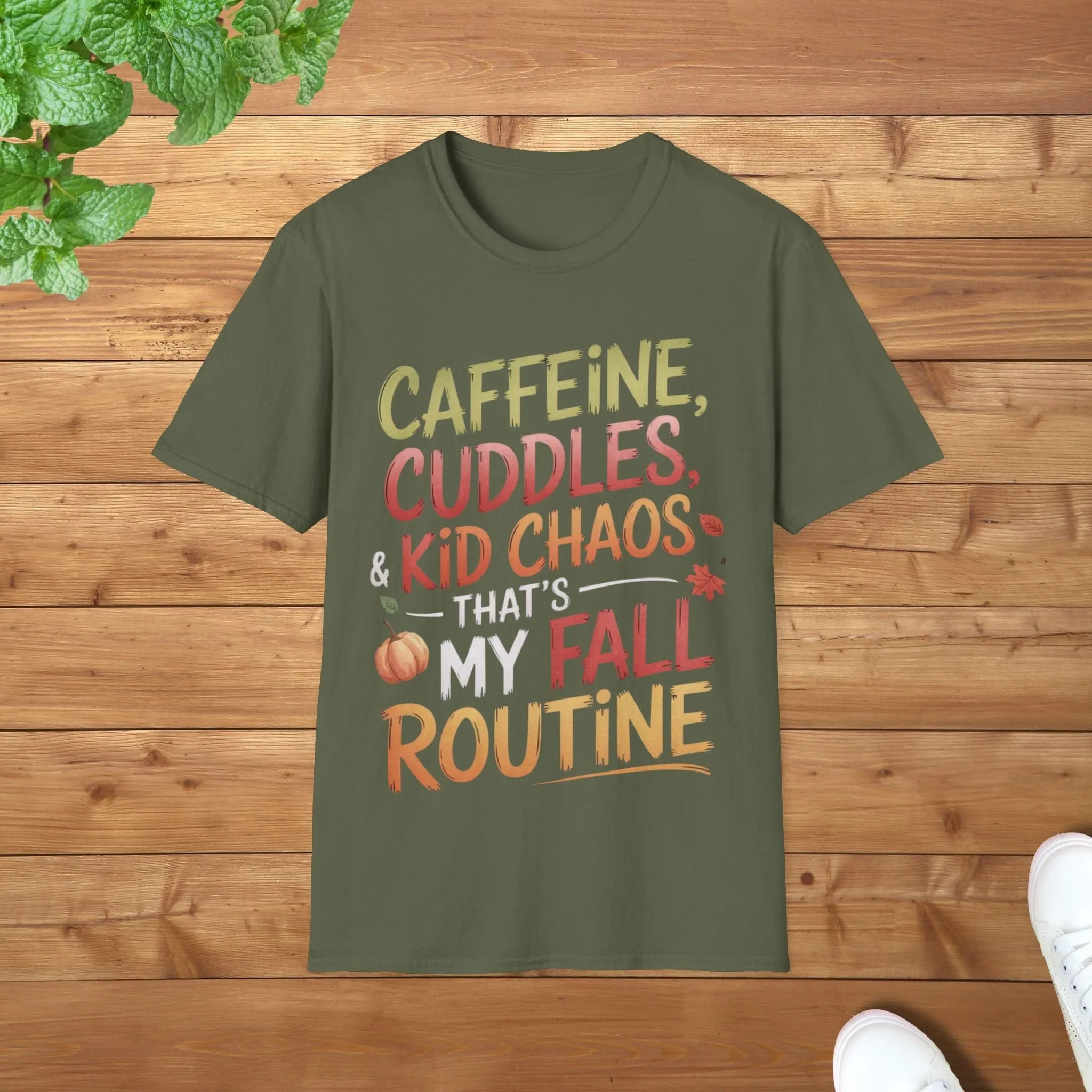 Caffeine, Cuddles & Kid Chaos - That is My Fall Routine Fun Unisex Adult T-Shirt - Funny Fall Parent Tee