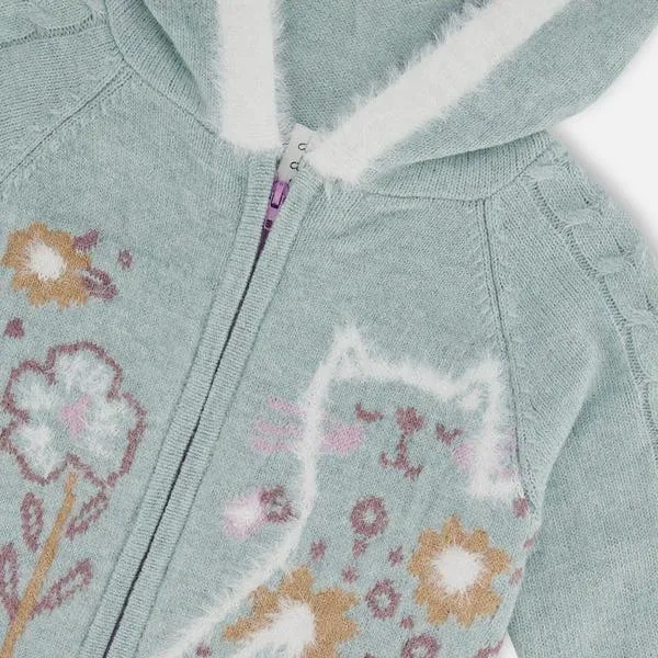 Cats Turquoise Jacquard Knit Hooded Cardigan