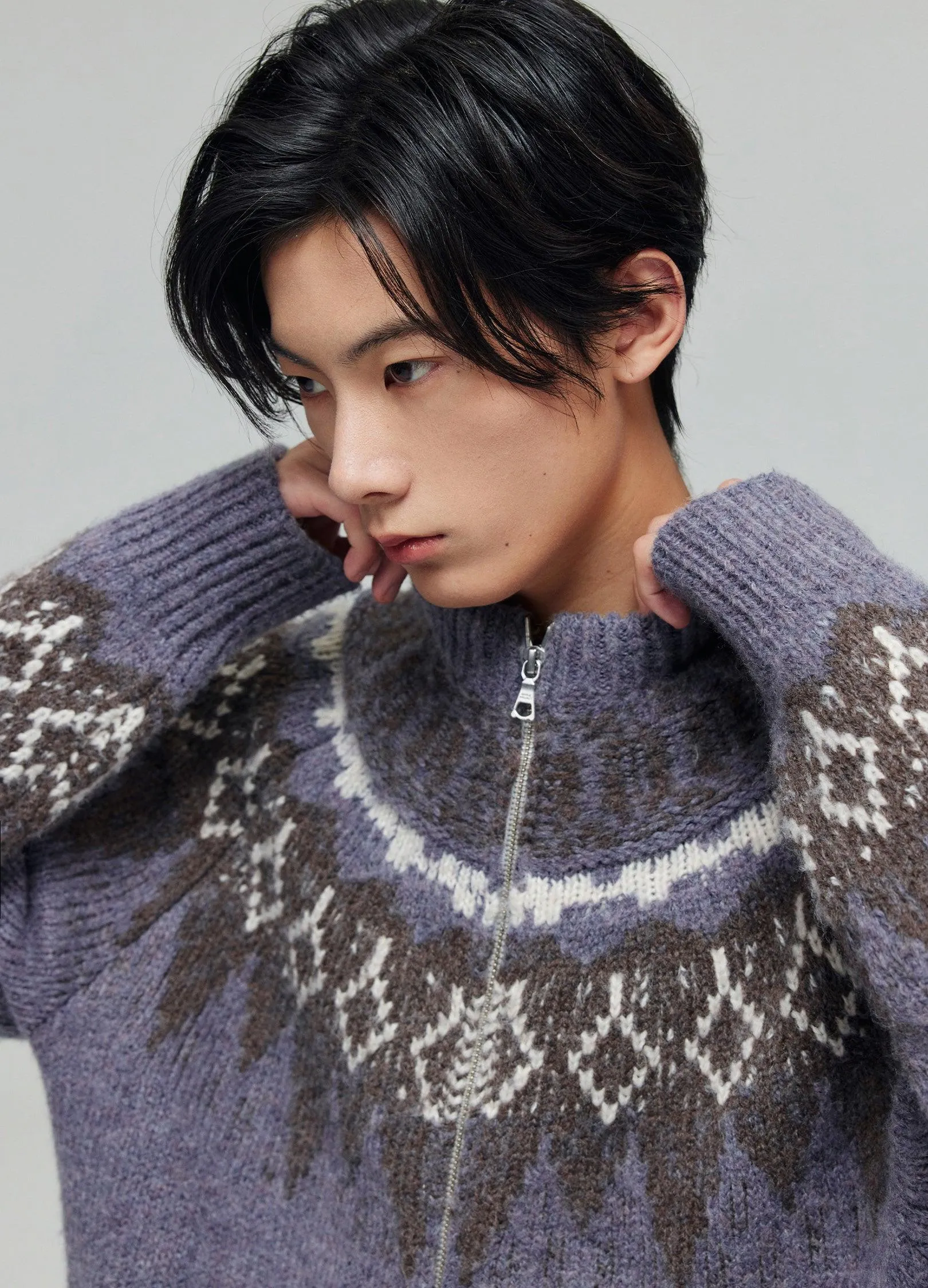 Cozy Tartan Wool Blend Zip-Up Sweater