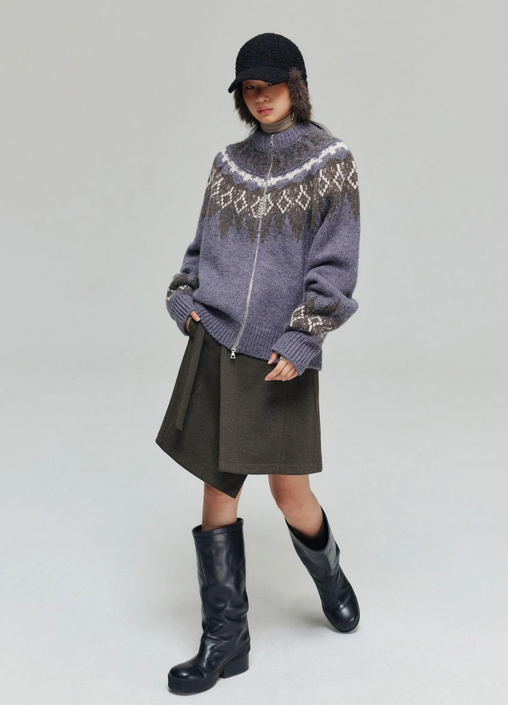 Cozy Tartan Wool Blend Zip-Up Sweater