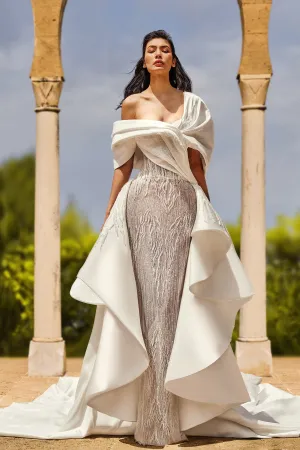 Embroidered Asymmetrical Dress with Draped Overskirt