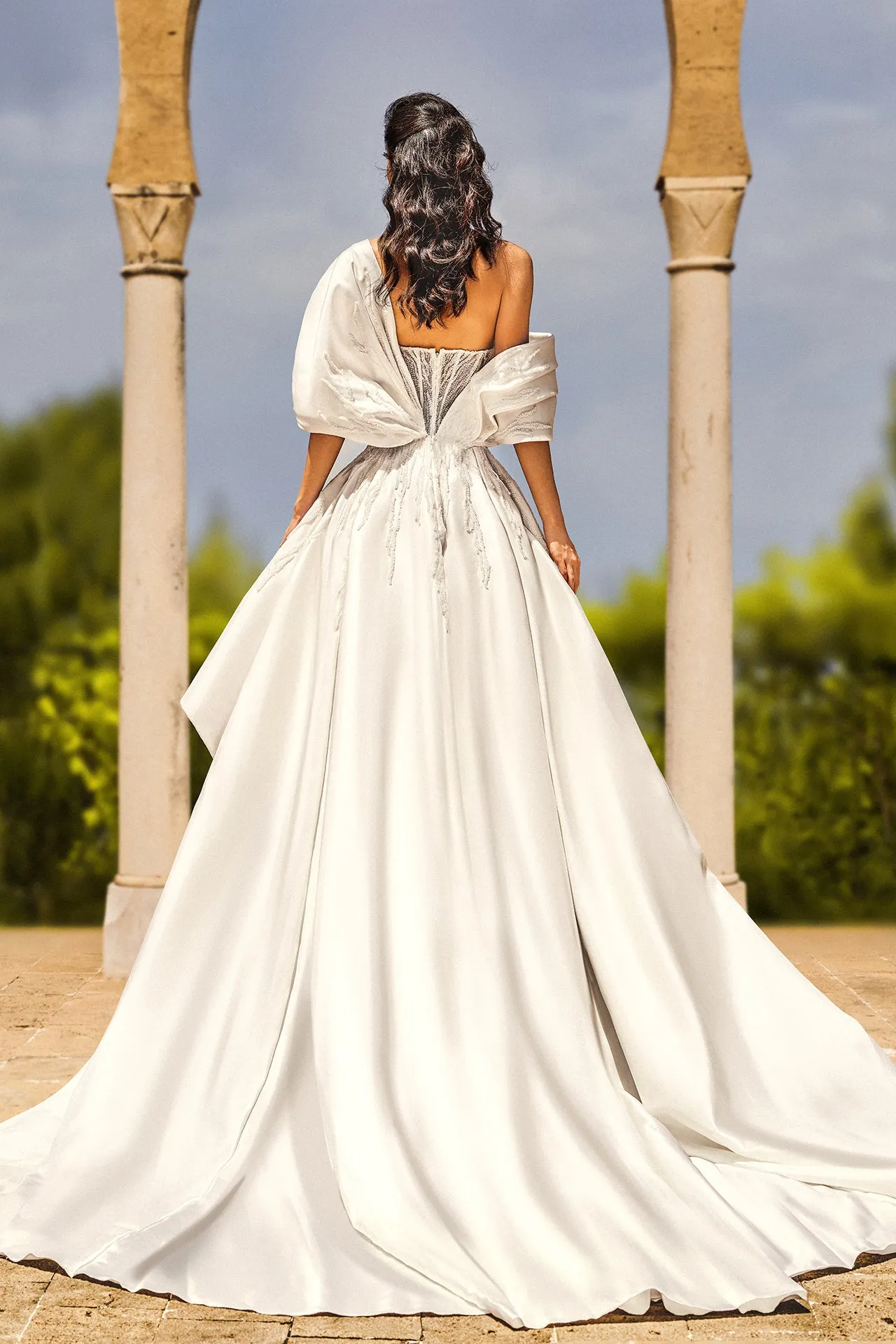 Embroidered Asymmetrical Dress with Draped Overskirt