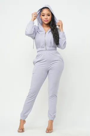 Gentle Lavender French Terry Cropped Zip-up Hoodie Jogger Set