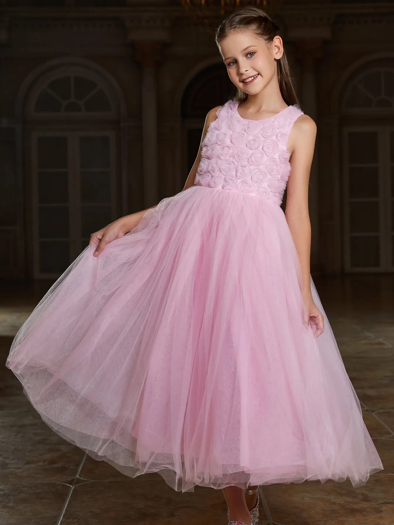 Girl's Applique Sleeveless Mesh Hem A Line Dress