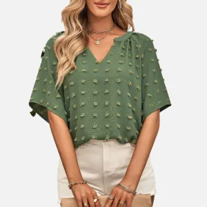 Green Blouse Short Sleeve V neck