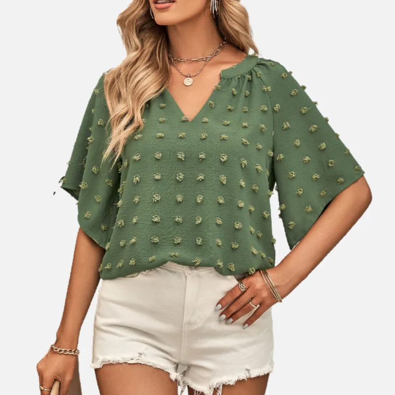 Green Blouse Short Sleeve V neck
