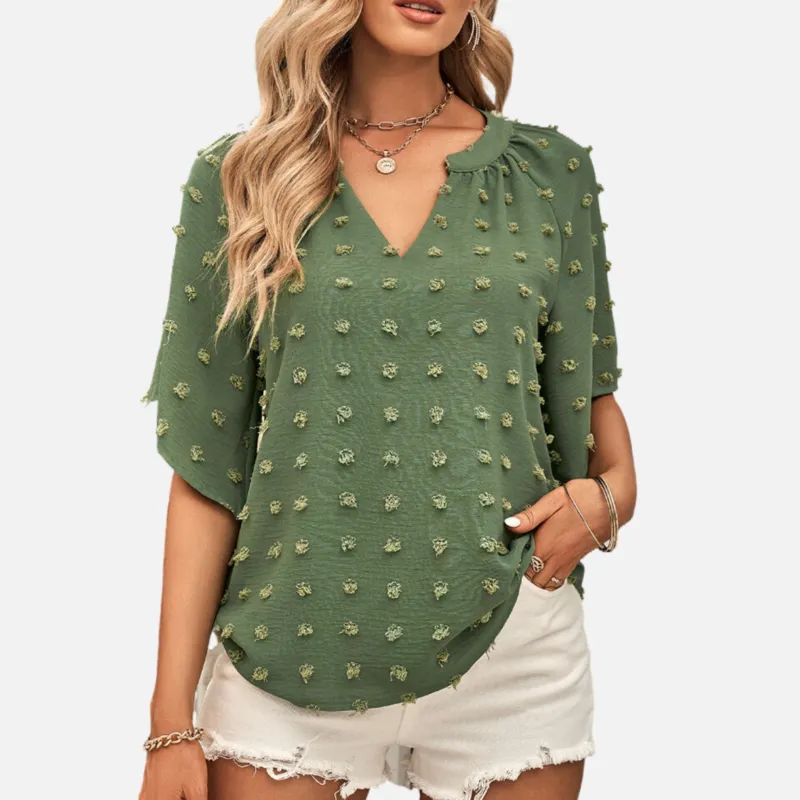 Green Blouse Short Sleeve V neck