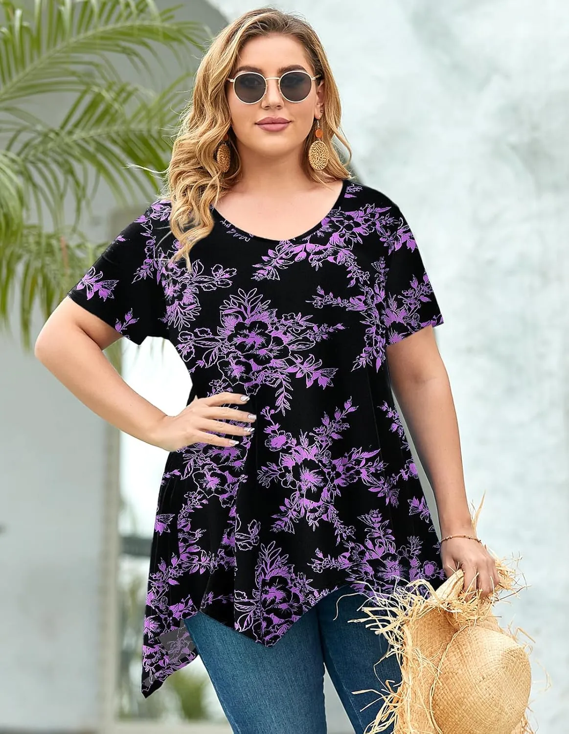 LARACE Plus Size Tops for Womens Summer Clothes Short Sleeve Shirts Casual V Neck Tunic Asymmetrical Blouses