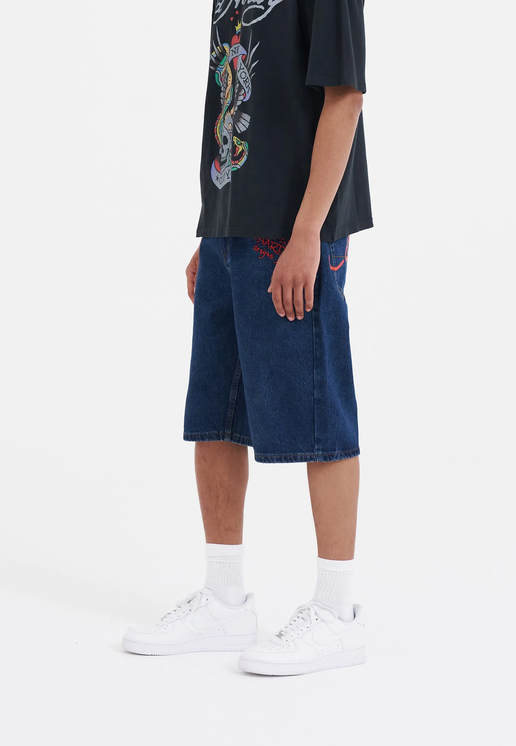 Mens Nyc Skull Denim Jorts Shorts - Indigo