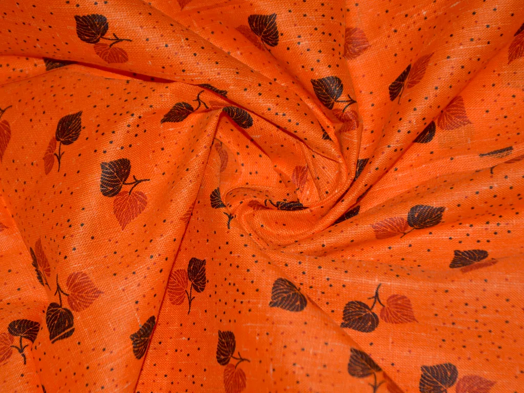 Orange Leaves Printed Cotton Linen Fabric