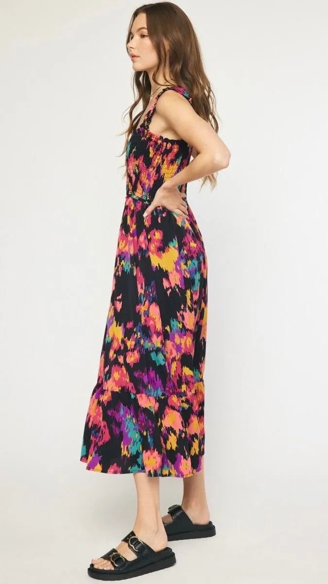 Parker Printed Smocked Midi Dress Black