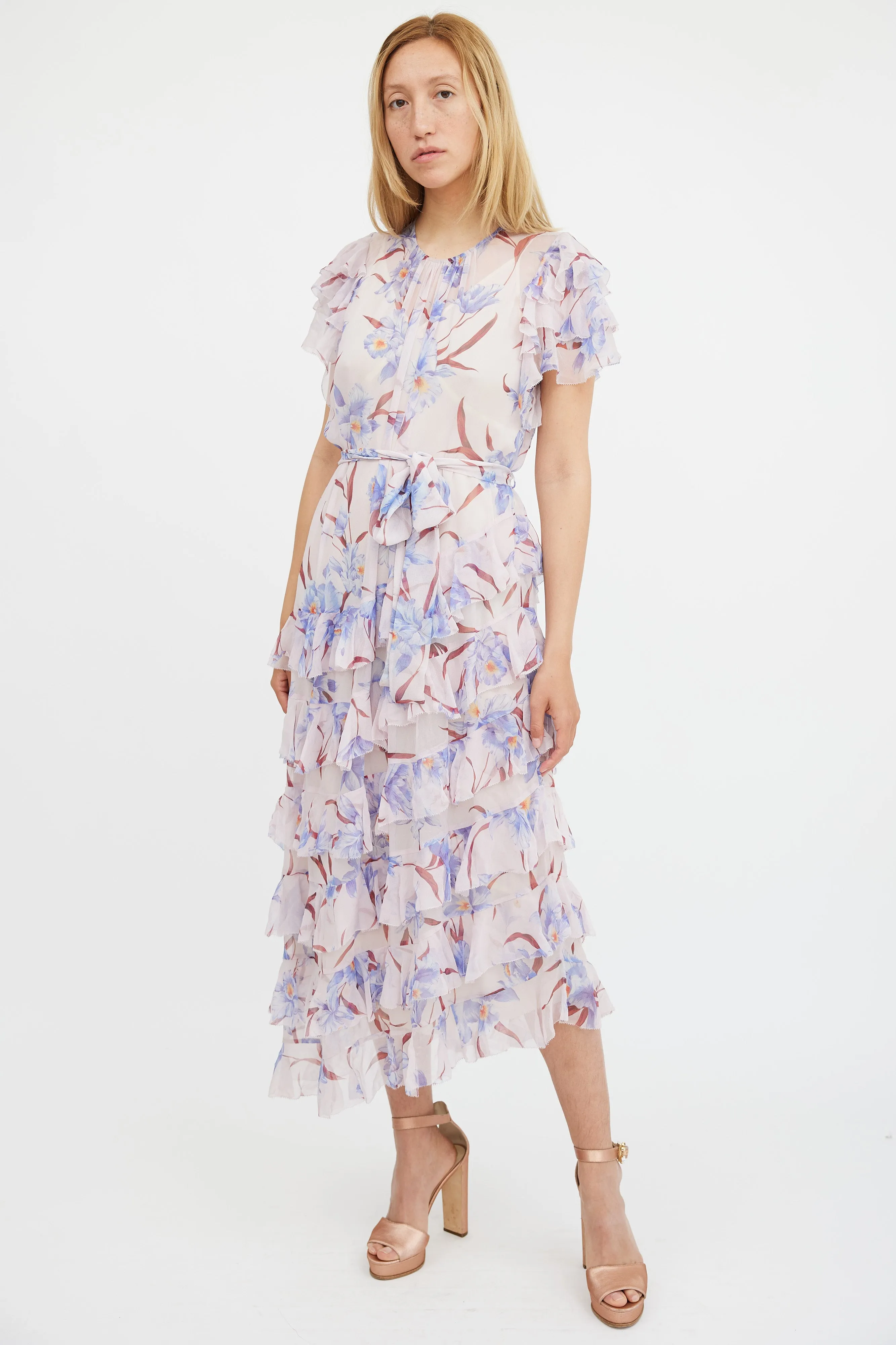 Pink & Multicolour Floral Sheer Ruffled Corsage Dress
