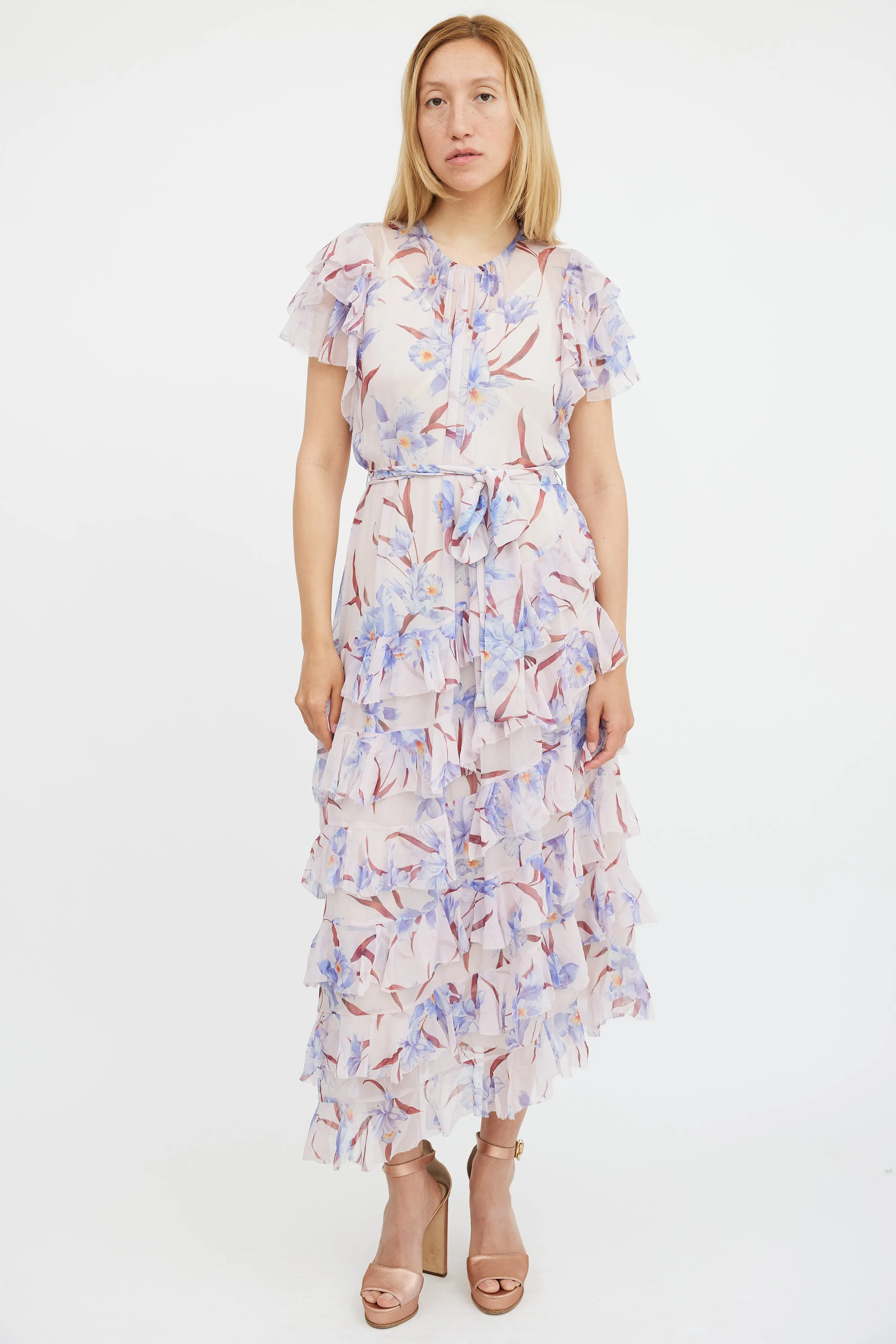 Pink & Multicolour Floral Sheer Ruffled Corsage Dress
