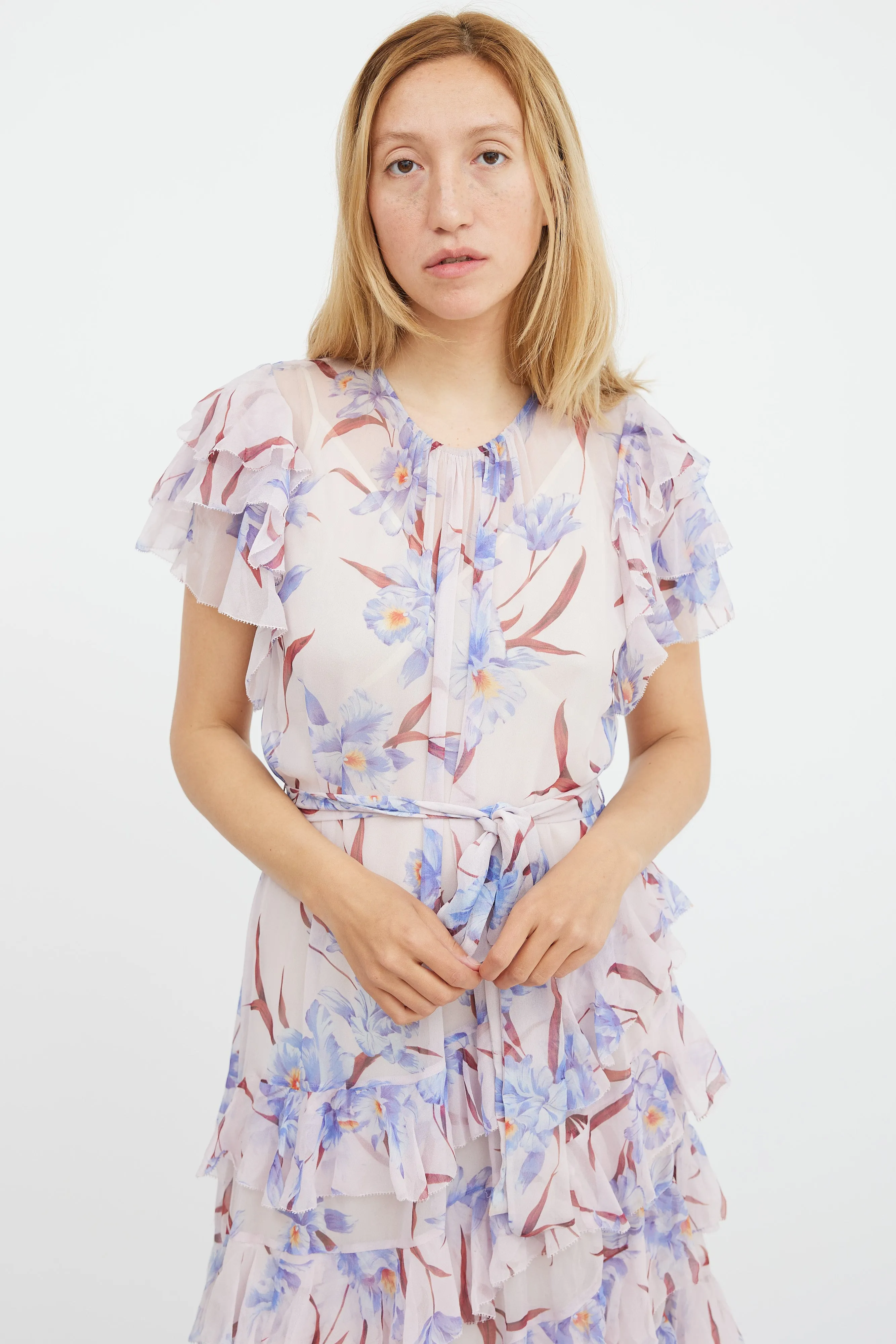 Pink & Multicolour Floral Sheer Ruffled Corsage Dress