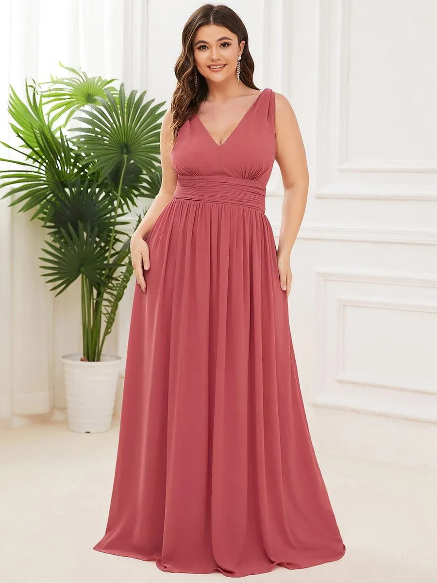 Plus Size Sleeveless V-Neck Chiffon Semi Bridesmaid Dress