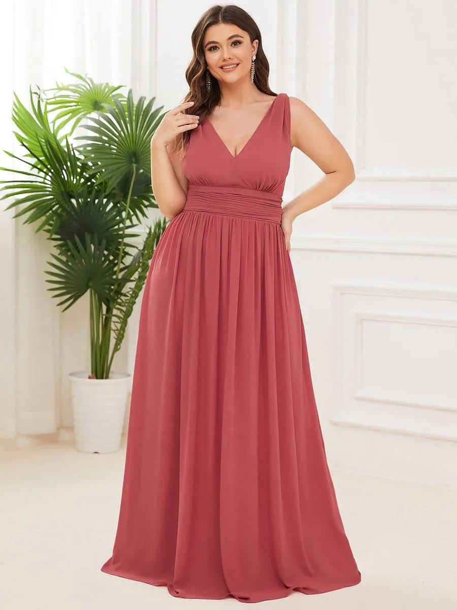 Plus Size Sleeveless V-Neck Chiffon Semi Bridesmaid Dress