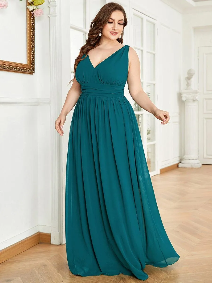Plus Size Sleeveless V-Neck Chiffon Semi Bridesmaid Dress