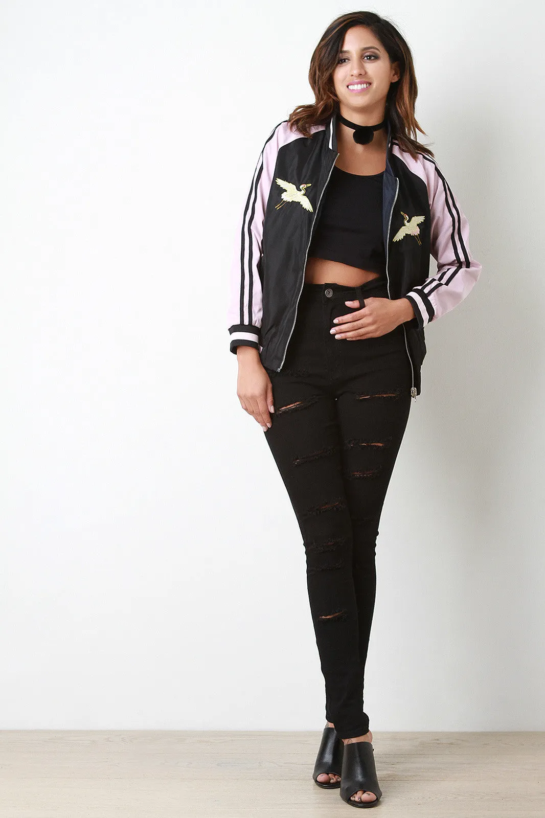 Reversible Embroidered Stripe Sleeve Bomber Jacket