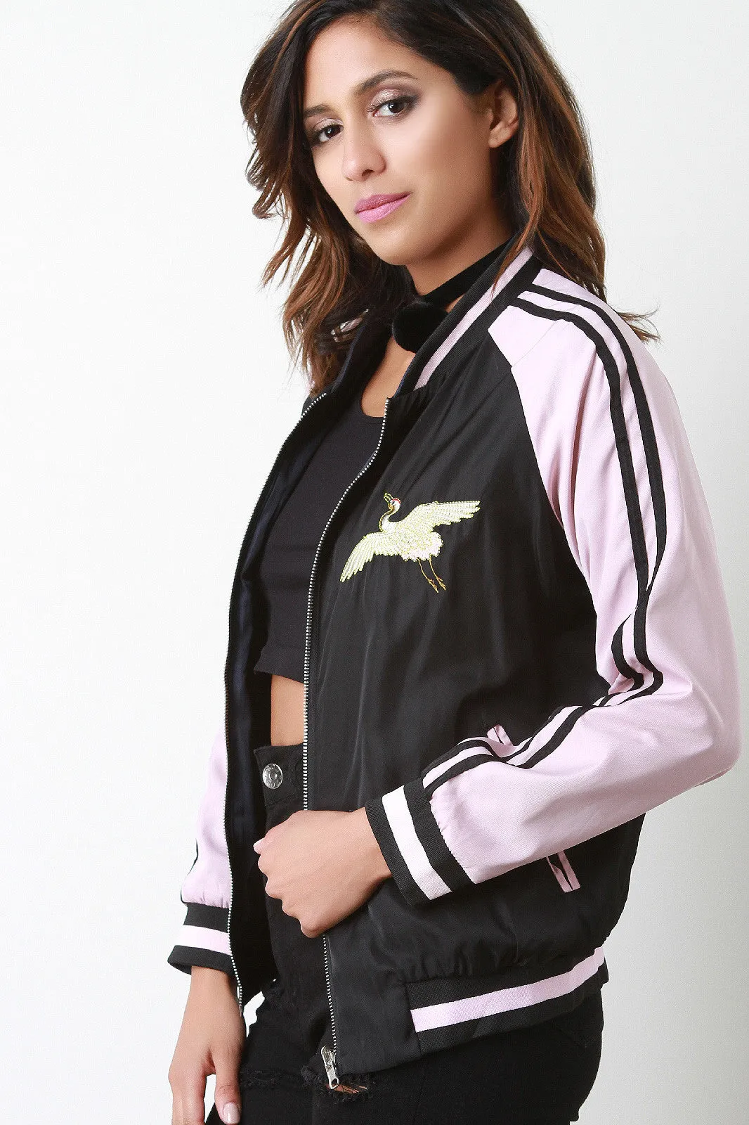 Reversible Embroidered Stripe Sleeve Bomber Jacket