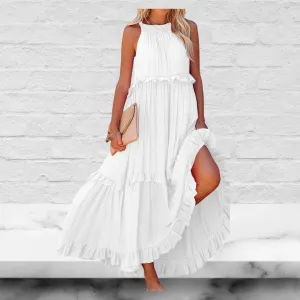 Ruffled Sleeveless Tiered Maxi Dress with Pockets