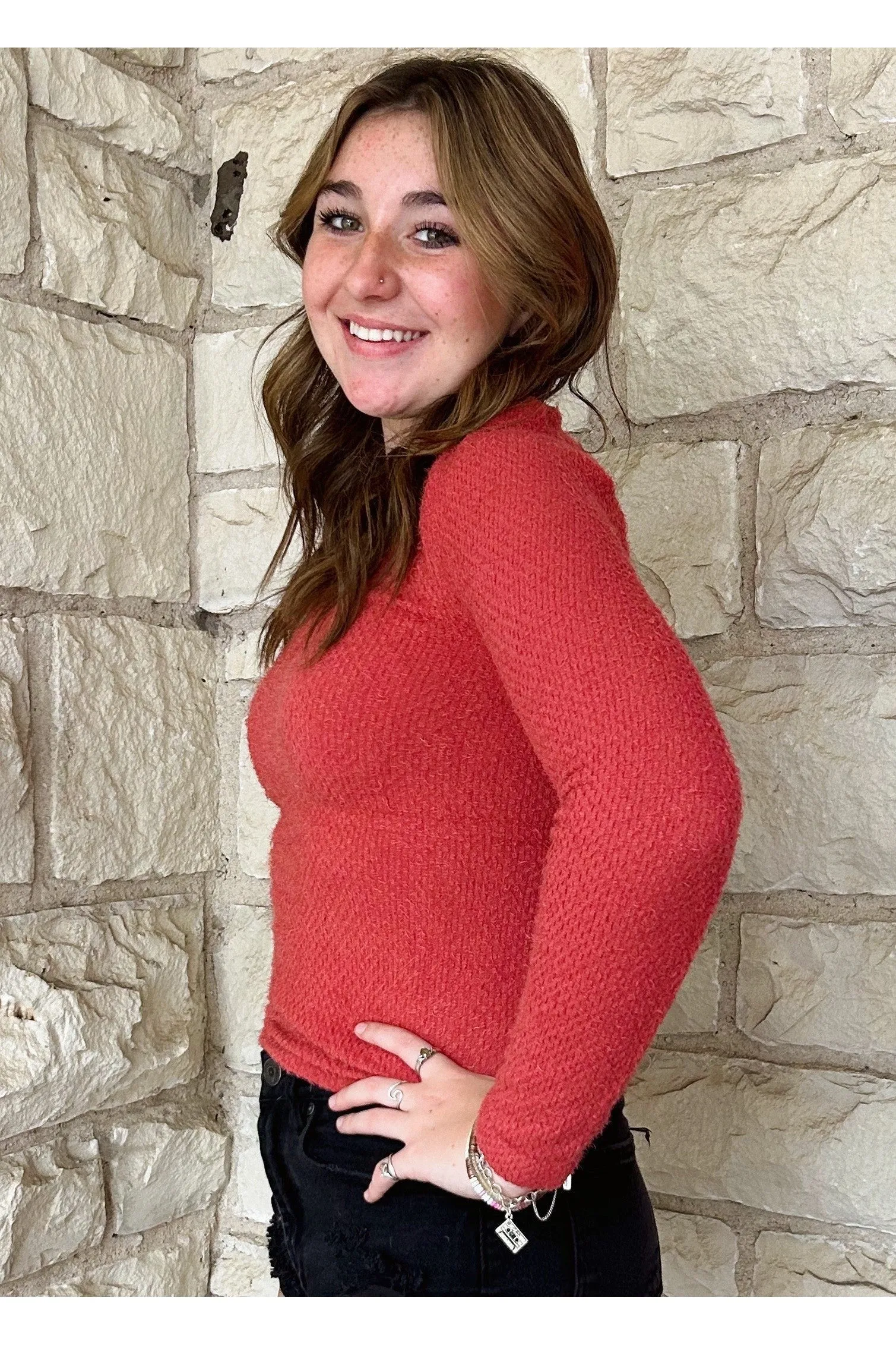 Scala Seamless Long Sleeve Furry V Neck Sweater In Atacama Rust