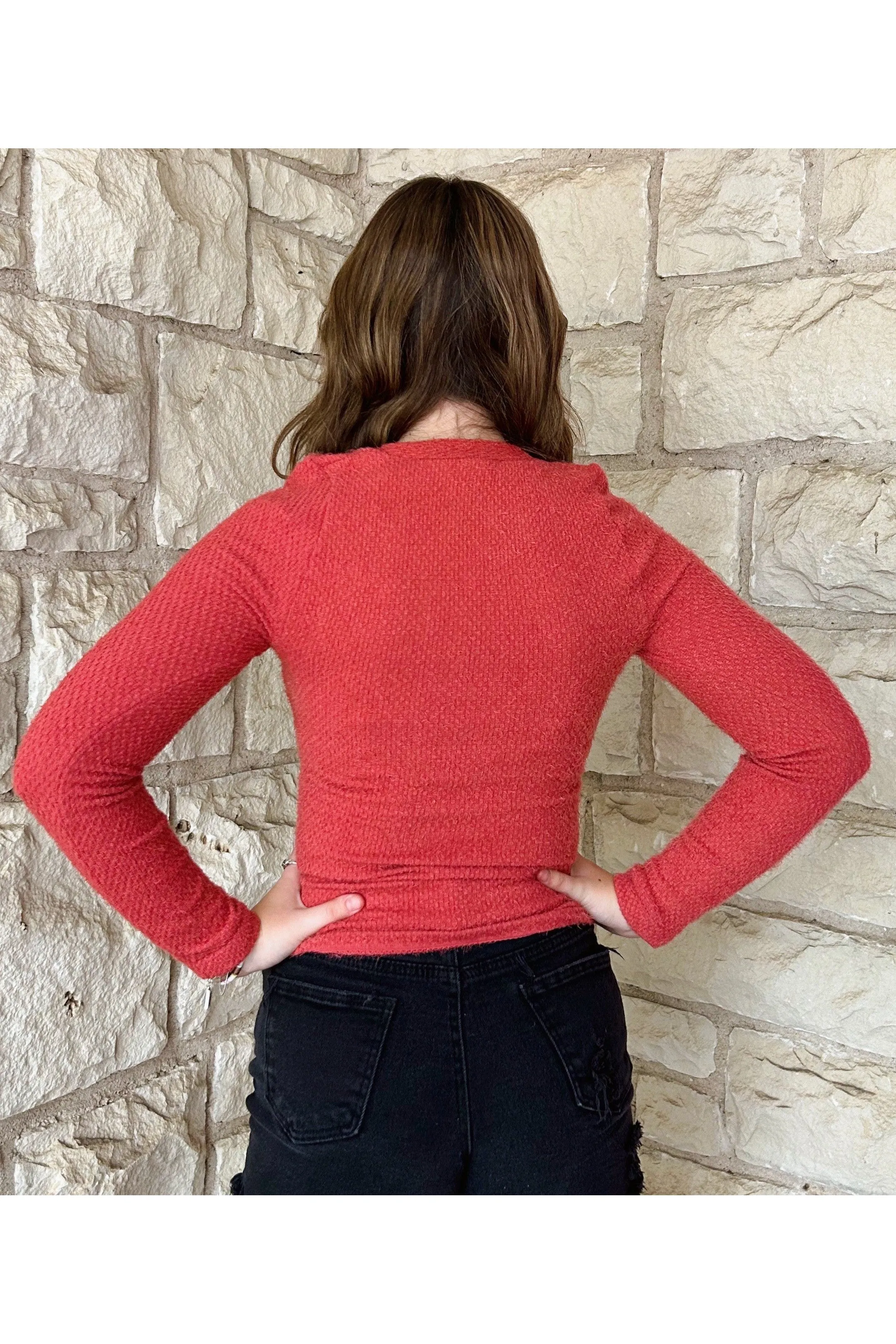 Scala Seamless Long Sleeve Furry V Neck Sweater In Atacama Rust