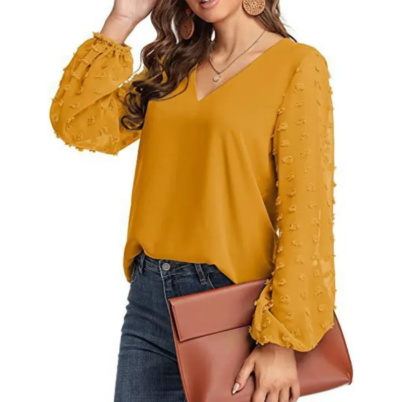 Semi-Formal V-neck Textured Sleeves Blouse