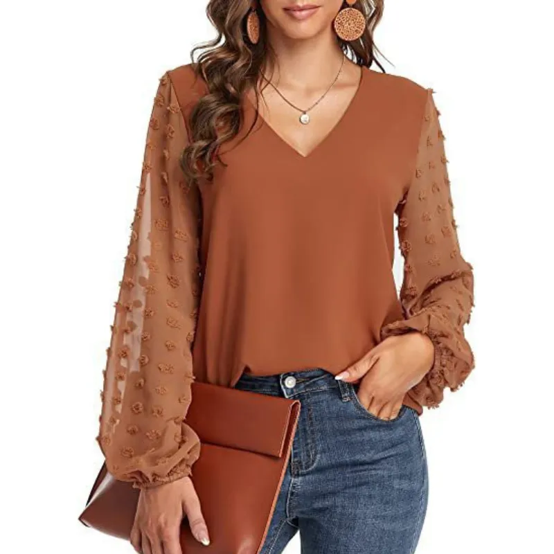 Semi-Formal V-neck Textured Sleeves Blouse